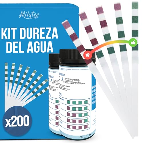 MILYTEC 200 Tiras Reactivas de Dureza del Agua – Kit de Análisis de Agua Potable – Medidor de Cal para Descalcificador, Acuario, Piscina – Medición Fácil con Tiras Precisas – °f (FR), °dH (DE), ppm