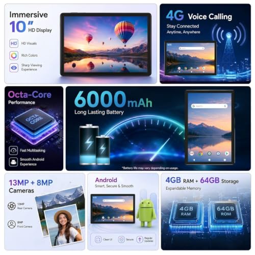 Image of IKALL N19 4G Calling Tablet, 10 Inch Display, 4GB RAM + 64GB Storage (Expandable) | Android Tablet with Octa-Core Processor, 13MP Rear Camera + 8MP Front Camera, 6000mAh Battery, WiFi, Dual SIM | Grey