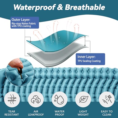 Image of Double Sleeping Pad for Camping - Ultralight Camping Mattress with Pillow, Built-in Foot Pump, Compact Inflatable 2-Person Portable Mat for Backpacking, Hiking, Car Traveling, Beach, Tent