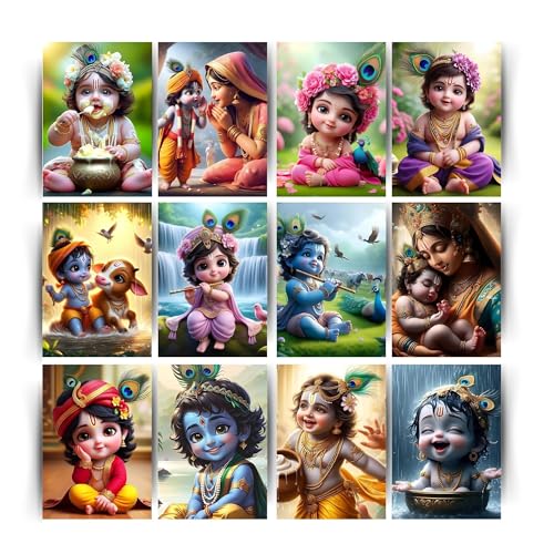 Image of Posters Inc Set of 12 Bal Krishna Stickers - Bal Gopal Cute Baby Posters for Pregnant Women, Kanha Ji HD Print on 300 GSM A4 (8x12 Inch) with Glue Dots, God Posters for Wall Decor, Living Room, Bedroom