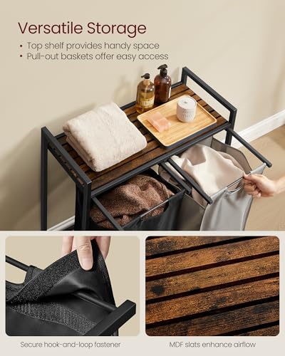 Image of VASAGLE Laundry Hamper, Laundry Basket, Laundry Sorter with 2 Pull-Out and Removable Bags, Shelf, Metal Frame, 2 x 12.1 Gallons (46 L), 28.8 x 13 x 28.4 Inches, Bicolor and Rustic Brown UBLH201X01