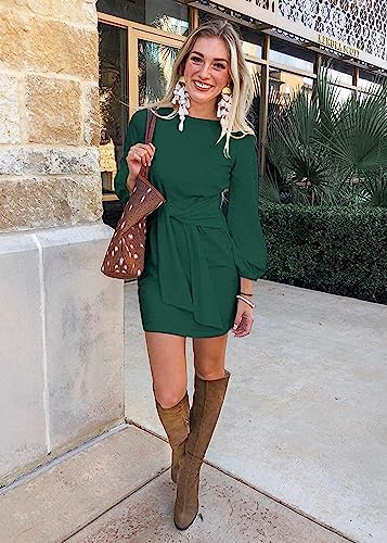 Image of PRETTYGARDEN Womens Spring Elegant Long Lantern Sleeve Short Dress Wedding Guest Crewneck Tie Waist Knit Cocktail Dresses
