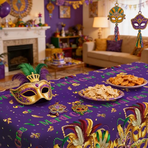 Image of Mardi Gras Tablecloth, 2 PCS Mardi Gras Table Cloth Disposable, Plastic Purple Carnival Mask Decorative Masquerade Tables Cover Rectangular for Mardi Gras Party Decoration Supplies, 54 X 108 Inch