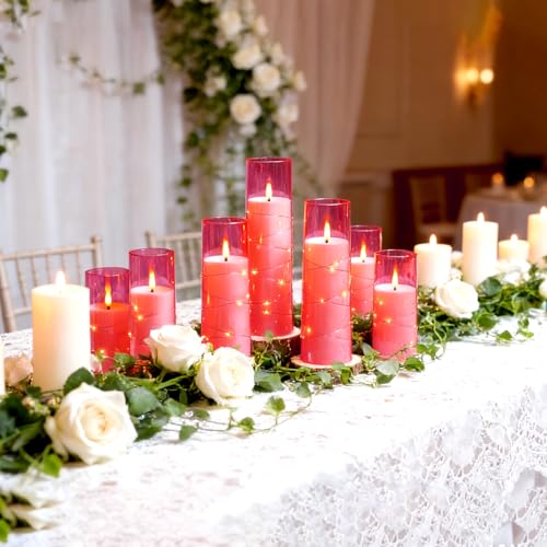 Image of Nimiko Flickering Flameless LED Candles,Battery Operated Candles 9 Pcs with Embedded Star String,Acrylic LED Pillar Candles with Remote,Suitable for Home Decoration to Create an Atmosphere (Pink)