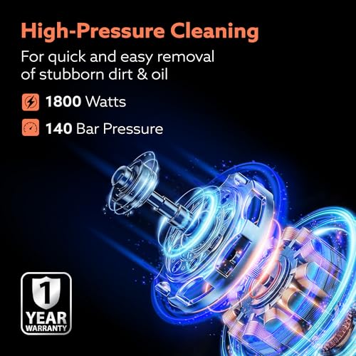 Image of AGARO Royal High Pressure washer, 1800 Watts Motor, 140 Bars, 7L /Min Flow Rate, 5 Meters Outlet Hose, Upright Design With Wheel, For Car, Bike and Home Cleaning Purpose, Turbo Nozzle, Black and Orange
