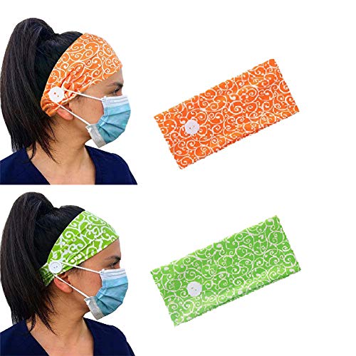 EIGHTOWN 2PCS Button Headbands for Mask, Nurses, Doctors - Unisex Headbands with Buttons - Elastic Hair Bands - Medical Facemask Holder Protect Your Ears (green+orange)