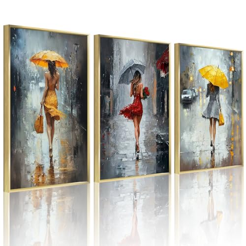 JIMUJIA3-Piece Women in the Rain Canvas Art – Vibrant Yellow