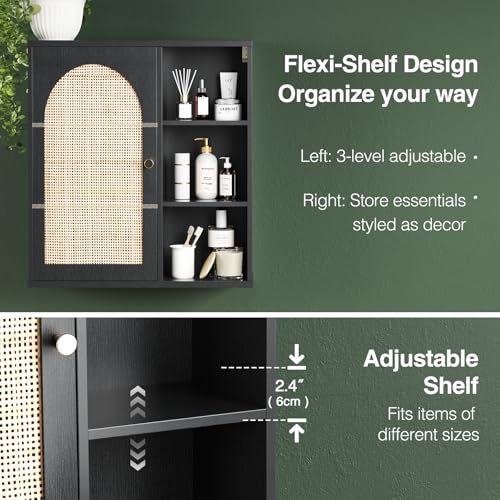 Image of Rattan Bathroom Wall Cabinet, Boho Medicine Wall Cabinets with Door and Adjustable Shelves, Tall Kitchen Wall Mounted Storage Cabinet, Floating Hanging Cabinet Space Saver for Laundry Room,Black