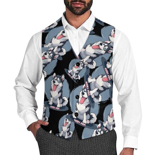 Husky Mom Men's Suit Vest Waistcoat Vests Formal Dress with 2 Pockets for Business Casual Tuxedo