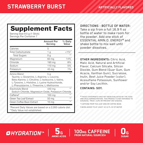 Image of Optimum Nutrition Essential Amino Energy Plus Electrolytes Stick Packs, Energy Powder, Strawberry Burst, 7 Count