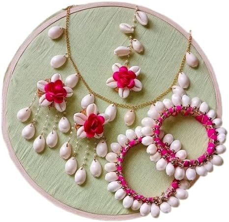 CIYA PLUS Cowrie Shell and Artificial Floral Necklac, Maang Tika and Earrings with Bangles (2.5 inches) for Women & Girls.