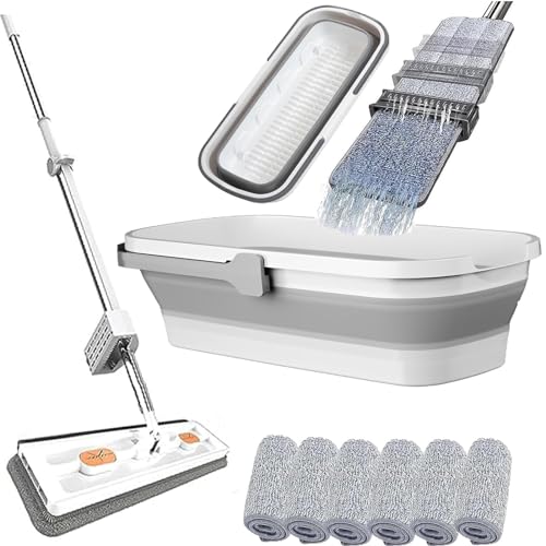 GIZMAC フロアワイパー 本体 フロアモップ 多機能 フローリングワイパー 手が汚れない モップ絞り器付き 360度回転 フラットモップ 折りたたみモップバケツ付き 交換用パッド 6枚付き 水拭き 乾拭き 片手操作 腰曲げず 収納便利 掃除 床掃除 フ