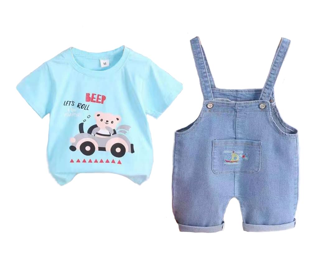 Bold N Elegant Baby Girls Denim Printed Cute 3D Bear Funky Cartoon Half Sleeve T-Shirt with Dungaree Bibshorts