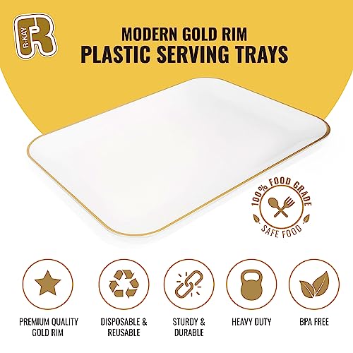R-kay 3 Pack Plastic Serving Trays for Party - White and Gold Tray 8 by 11 in Heavy Duty Dessert Food Rectangular Premium Platters
