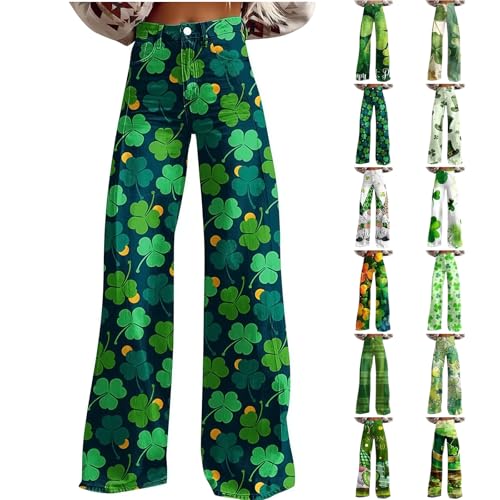 St Patricks Day Jeans,St Patricks Day Pants for Women Irish Shamrock Print Pant Denim Look Sexy High Waist Wide Leg Baggy Jeans Overalls Festive Holiday Party Outfits,Dark Green,L