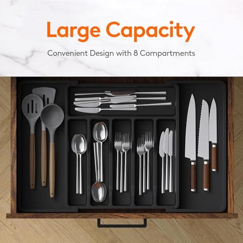 Image of Aroja Utensil Organizer for Kitchen Drawer, Expandable Cooking Silverware Tray, Adjustable Cutlery Flatware Holder, Plastic Spatula Tools Storage Divider (black)