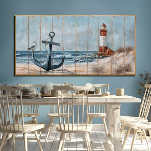 Image of Bird Wall Decor,Beach Wall Art For Living Room, Lighthouse Large Framed Canvas Coastal Pictures Arts for Walls,Blue Poster Prints for Home Office 29 inchx58 inch