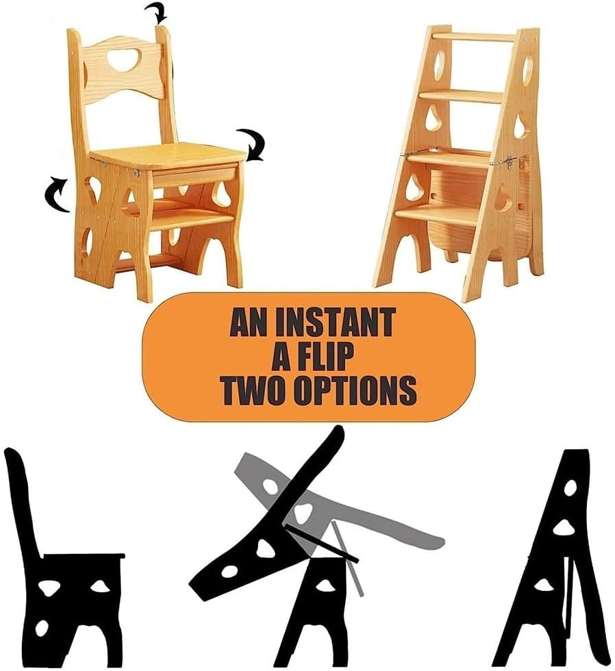 4 Step Wooden Folding Library Ladder Chair with Seat, Lightweight Portable Ladder Shelf, Multifunctional Step Stool, Stepladders Display Stand for Office Home Kitchen (Color : Natural)