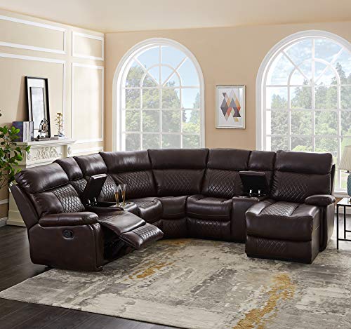 OMGO Motion Sectional Sofa Set, 6 Seats Upholstery Manual Recliner Couch with Cup-Holder and Storage Box, for Villa/Living Room/Apartment/Office, 100, Brown - Thumbnail 5