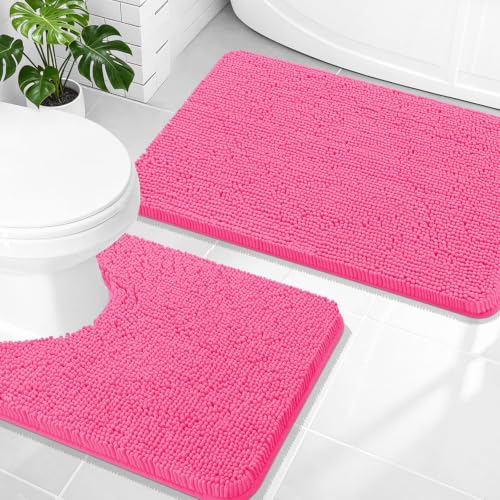 Image of OLANLY Bathroom Rugs Sets 2 Piece, Soft Absorbent Chenille Bath Mats and U-Shaped Contour Toilet Mat Area Rug Set, Machine Washable Bath Carpet, Home Decor Accessories(30 inchx20 inch+24 inchx20 inch, Hot Pink)