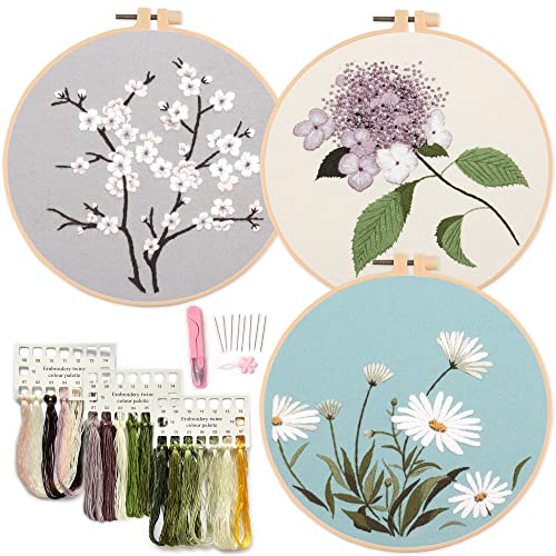 Silentsea 3 conjuntos de kits iniciantes para iniciantes em bordado, incluindo 3 panos de bordado co
