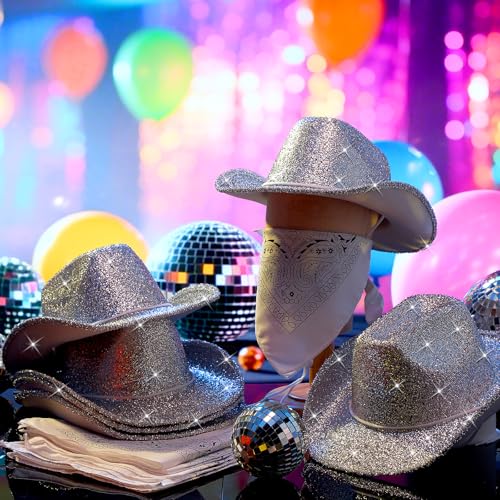 Image of Coume 12 Pcs Sparkly Adults Cowboy Hat and Bandanas Women Men Western Glitter Cowgirl Party Hats with Adjustable Drawstring