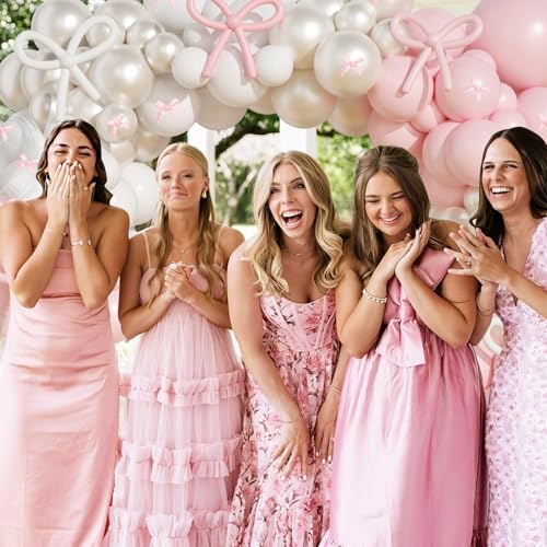 Image of Pink Bow Balloons Arch Garland Kit,JOGAMS 199Pcs Pink and White Balloon Arch Kit with 260 Clear Pearl Balloons Ribbon Bow for Bow Coquette Birthday Decorations Bachelor Baby Shower Bridal Shower