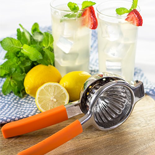 #1 Lemon Squeezer - Premium Jumbo Size - Easy Extract - Heavy Duty Single Press Citrus Squeezer - In Bright Orange Silicone Handle - Made With Strong 18/10 Stainless Steel - By Urbanbasics #TOP1