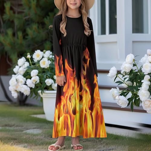 Long Sleeve Print Swing Dress Size 5-14 Girls' Dresses Fall Outfit Casual Loose Maxi Dress with Pocket for Holiday3