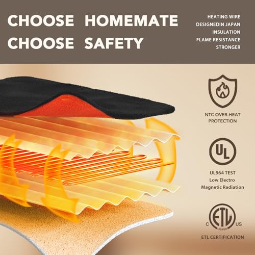 Image of Homemate Electric Heated Blanket Twin Size - 62 inchx84 inch Heating Bed Blankets Throw with 8 Hours Auto Off 10 Heating Levels Fast Heating Over-Heated Protection Soft Warm Flannel Bed ETL Certified Black