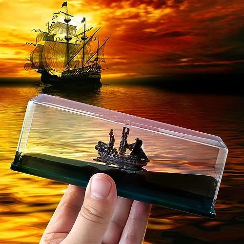 Black Pearl Pirate Ship in a Bottle – Boat in a Box Liquid Wave Fluid Drift Bottle Black Pearl Pirate Model Ship Sailing Simulation for Home Decoration Display Cases Desk Toy Gifts (Box)