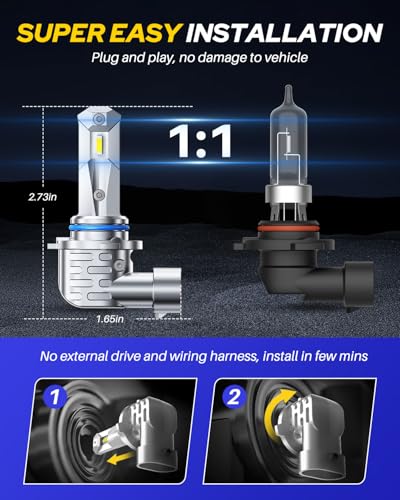 Image of AUTOONE 9005 /HB3 LED Light Bulbs, 40,000LM 900% Ultra Brightness, 6500K Cool White, 1:1 Halogen Size, Flicker-free 10-Years Long Service Life Fog Light with Cooling Fan, Plug and Play, Pack of 2
