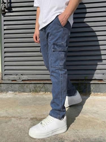 Image of JMIERR Men's Elastic Waist Cargo Jeans Stretch Denim Pants with Drawstring Relaxed Fit for Casual Daily Wear