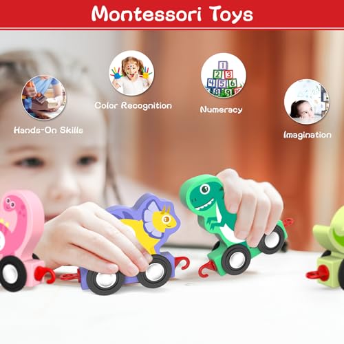 OSLINE Toddler Toys for 1 2 3 Year Old,Dinosaur Toys Train Sets for Kids 2-4, Kids Montessori Educational Toys for 2 3 4 Year Old,Wooden Toy Cars for Boys Girls,Easter Gifts for Kids Toys Age 1-5 Boys - Image 3