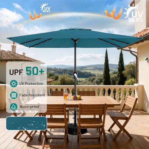 Image of AreShark 8' X 10' Rectangular Patio Umbrella with Solar Lights, Lighted Solar Umbrella with Crank, Outdoor Table Umbrella for Garden, Deck, Backyard, Pool and Beach, Lake Blue