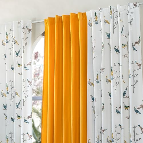 Image of Tranquebar Curtain Co. Window Curtains 5 Feet, 60-65% Room Darkening, Multicolor (Blue, Yellow) Bird Print, Cotton Curtains for Window, BackTab Loops, Design Shiri Yellow Combo (152 cm) - Set of 3