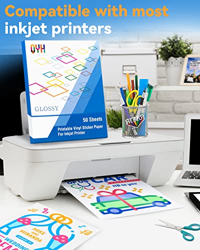 Printable Vinyl For Inkjet Printer Glossy 50 Sheets Sticker Paper Waterproof Labels Adhesive Vinyl For Cricut (8.5"X11", White) #TOP1