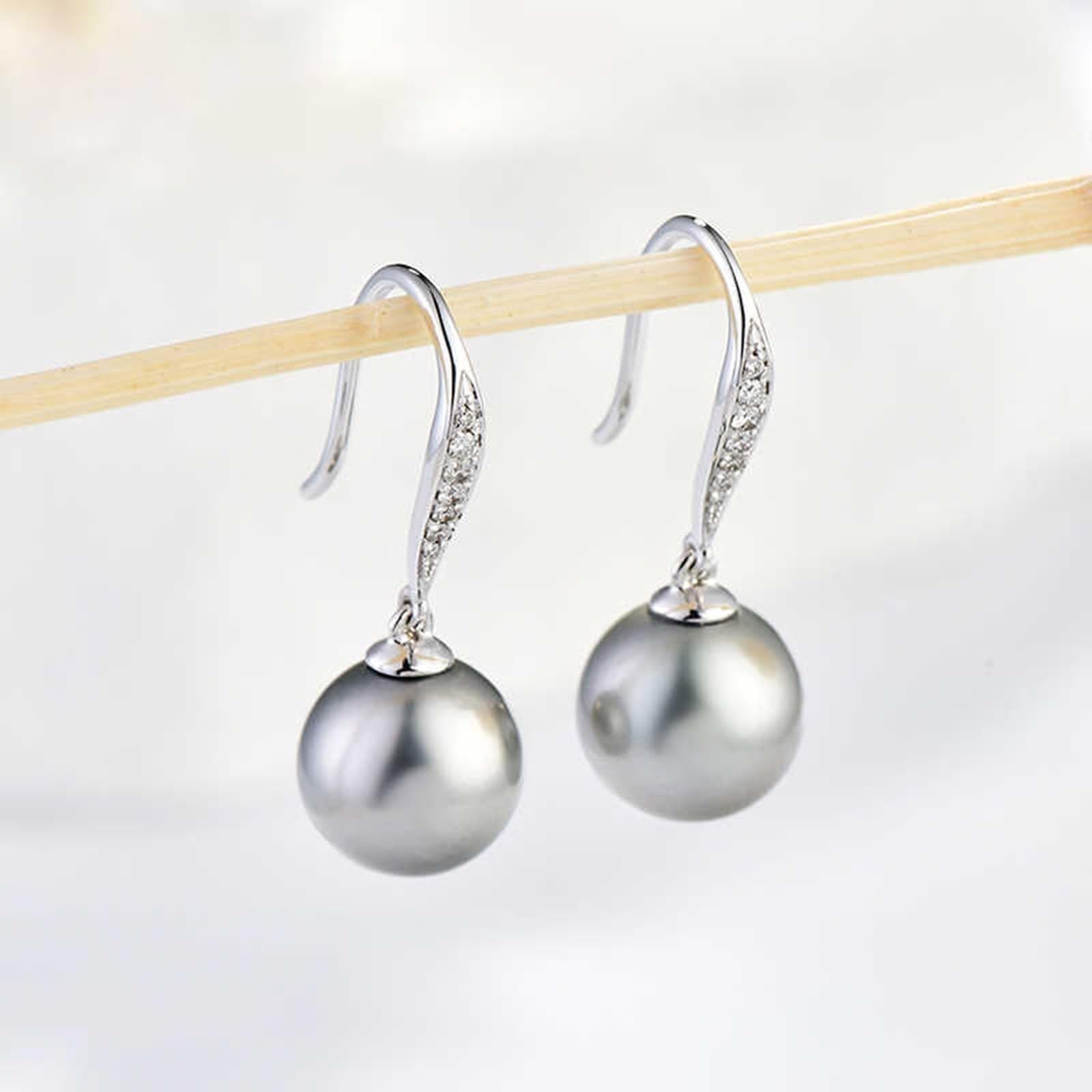 Pendientes llamativos para mujer, estilo vintage, pendientes para mujer, colgantes de moda con perla gris de 8 a 9 mm y diamante de oro blanco de 0,08 quilates