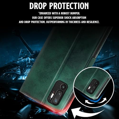 Image of WOW IMAGINE Shock Proof Flip Cover Back Case for Xiaomi Redmi Note 10T 5G | Poco M3 Pro 5G (Magnetic Button Flip Case | Wallet Pockets & Stand | Leather Finish | Forest Green)