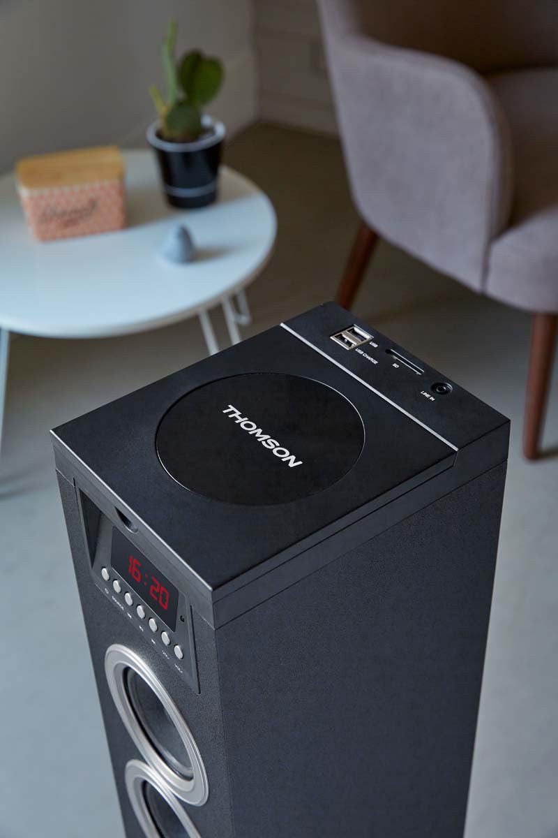 THOMSON Tour de Son Bluetooth avec Lecteur CD, Enceinte Colonne Hifi 60W, Radio FM, Port Aux et USB, MP3 et Affichage LED - Noir - DS120CD