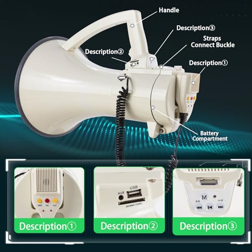 My Mealivos75W 2000 Professional Yard Sound Range Heavy PA Bullhorn Megaphone Speaker, Adjustable Volume, Loud Hand Held Megaphone, Outdoor Activities, Coaching, Football, Baseball, Hockey（Beige）… - Thumbnail 3