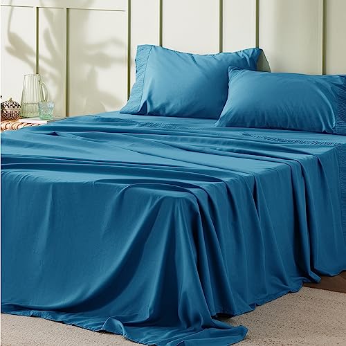 Bedsure Queen Sheet Set - Soft Sheets for Queen Size Bed, 4 Pieces Hotel Luxury Teal Blue Sheets Queen, Easy Care Polyester Microfiber Cooling Bed Sheet Set