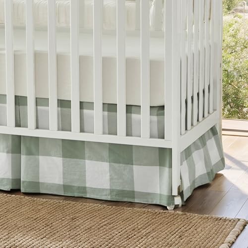 Image of Brandream Crib Skirt Gingham Tailored, Baby Boy, Baby Girl, Gender Neutral Crib Skirt, Toddler Bedskirt Farmhouse Chic Nursery Crib Bed Skirt, Bohemian Green Plaid Gingham Dust Ruffles
