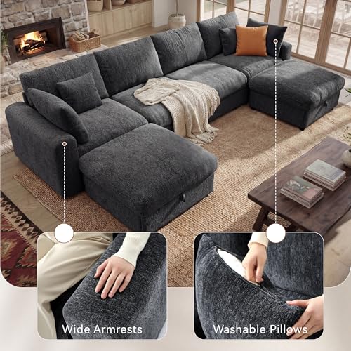 Image of Ihanherry 141 inch Oversized Cloud Sectional Couches for Living Room, Modular Sectional Sofa with Wide Deep Seat, U Shaped Couch with Throw Pillow and Storage Ottoman, Dark Grey