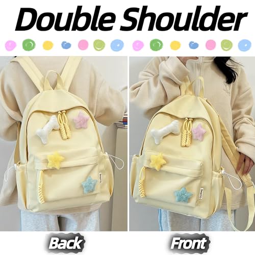 Cute Backpack with Colorful Pom Pom Star Patch Lightweight Rucksack Versatile Daypack for Work Travel Outings Daily Use (Yellow, Large)2