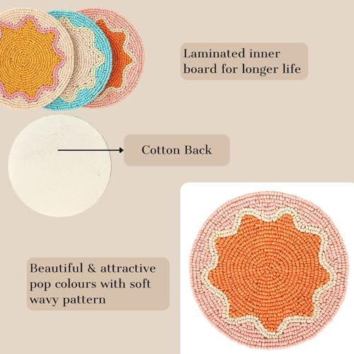 Image of Dreamy Walls Beaded Coaster Set of 4- Multicolor Glass-Bead Drink Coasters, Boho Table Decor for Dining & Gifting