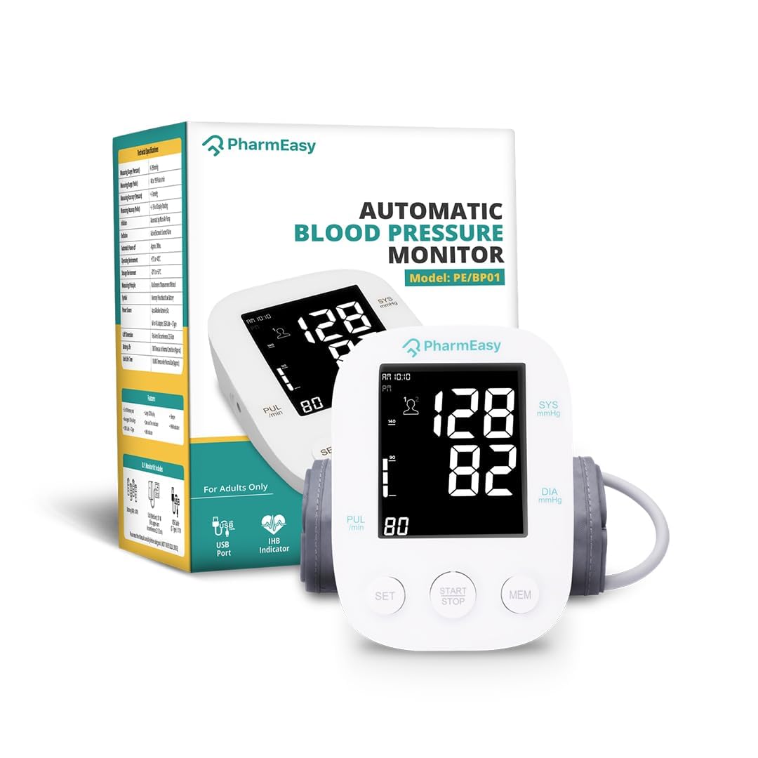 PharmEasy Digital BP Monitor – Blood Pressure Check Machine for Home & Clinic Use, Health Measuring Instrument With Adaptor, Automatic Manual Apparatus for Accurate BP Monitoring, Compact & Reliable PharmEasy Digital BP Monitor – Blood Pressure Check Machine for Home & Clinic Use, Health Measuring Instrument With Adaptor, Automatic Manual Apparatus for Accurate BP Monitoring, Compact & Reliable