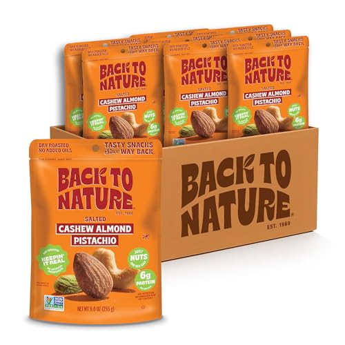 Image of Back to Nature Premium Nut Mix - Cashew, Almond & Pistachio Blend, Dry Roasted with Sea Salt, Non-GMO High Protein Snacks, 9 Ounce (Pack of 9) | Cashew Almond Pistachio Mix, Kosher, No Dairy Added, Non GMO No High Fructose Corn Syrup No Artificials, Wholesome Snacks 9oz