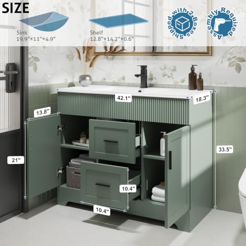 Image of eclife 42 inch Bathroom Vanities Sink Combo with Painted Surface, Modern Drawered Cabinet W /Decorative Wave Lines, Undermount Single White Sink, Matte Black Faucet Drain, Gray Green