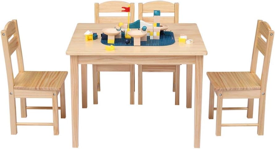 Kids Wood Table and 4 Chair Set, Children Activity Table Desk Sets for Toddlers Drawing Reading Art Playroom, 5-Piece Kids Furniture for Nursery, Bedroom, Play Room, Classroom (Natural)